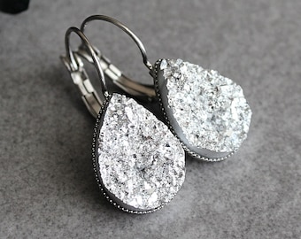 Silver Drop Earrings, Silver Bridesmaid Earrings, Silver Teardrop Earrings, Silver Druzy Earrings, Silver Earrings, Silver Dangle Earrings