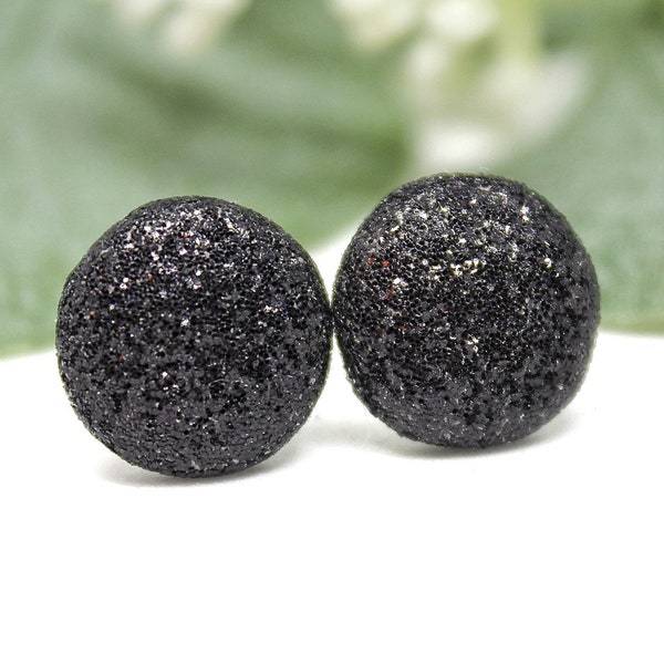 Black Glitter Earrings, Black Fabric Earrings, Large Black Stud Earrings, Black Sparkly Earrings, Black Bridesmaid Studs