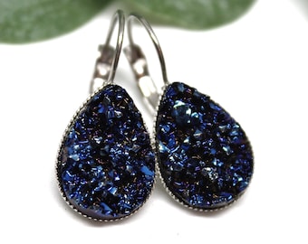 Navy Blue Drop Earrings, Dark Blue Druzy Earrings, Lightweight Drop Earrings, Blue Dangle Earrings, Sparkly Stone Earrings, Teardrop Earring