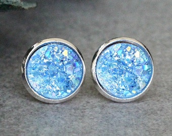 Light Blue Stud Earrings, Blue Stud Earrings, Light Blue Earrings, Light Blue Druzy Studs, Blue Post Earring, Pale Blue Druzy Earrings