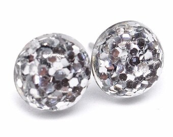 Silver Glitter Stud Earrings, Silver Stud Earrings, Glitter Earrings, Glitter Posts, Small Silver Earrings, Silver Posts, Stainless Steel