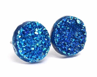 Blue Druzy Stud Earrings, Blue Druzy Earrings, Blue Earrings for Bridesmaids, Gift for Friends, Hypoallergenic Earrings, Lightweight Earring