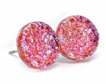 Pink Druzy Stud Earrings, Sparkly Pink Earrings, for Daughter, Pink Bridesmaid Gift, Hypoallergenic Earrings, Pink Jewelry, Gifts Under 10