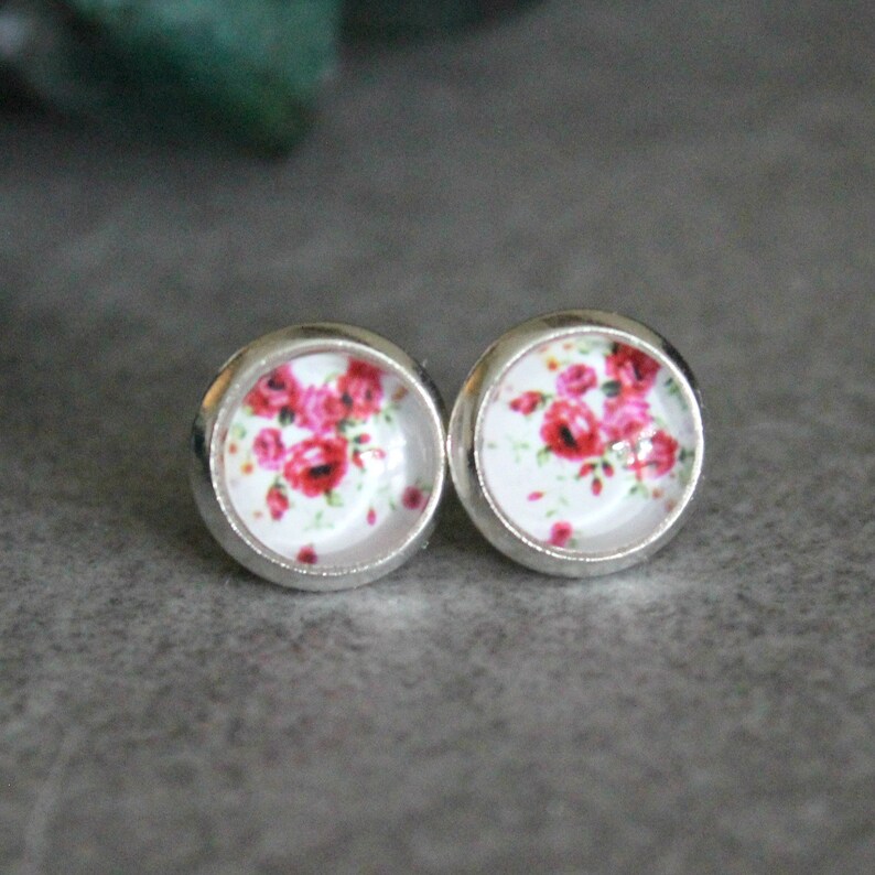 Pink Stud Earrings, Pink Floral Earrings, Pink Flower Earrings, Bright Pink Earrings, Pink Post Earrings, White Stud Earrings, 8MM Studs image 1