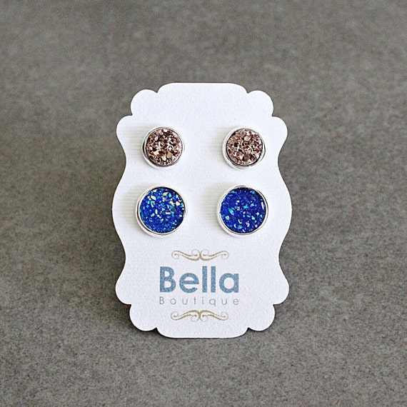 Blue Earring Set Blue Stud Earring Set Rose Gold Earring Etsy