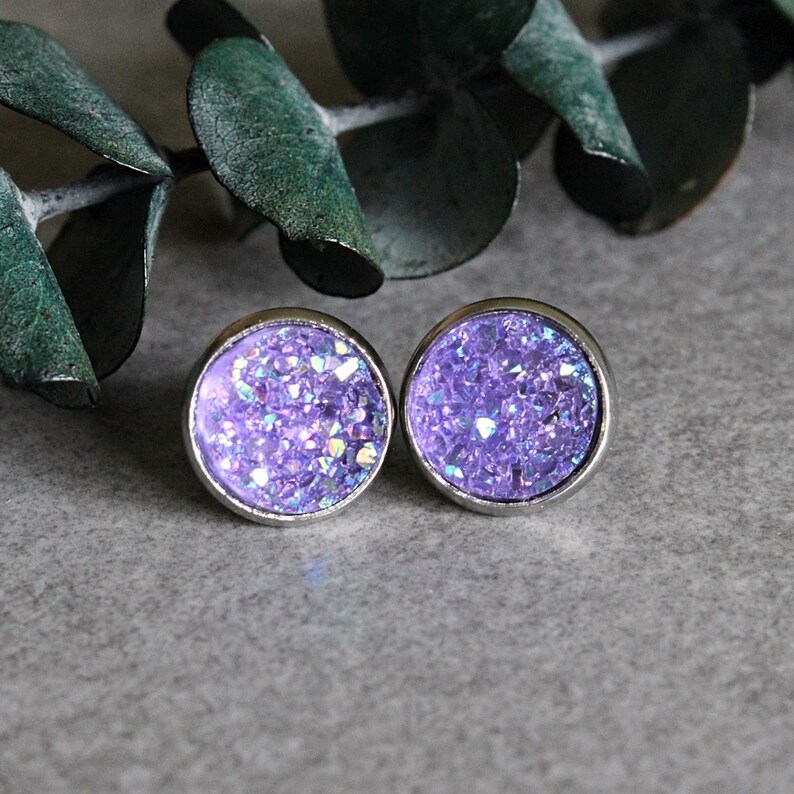 Purple Stud Earrings Purple Druzy Earrings Large Purple Etsy