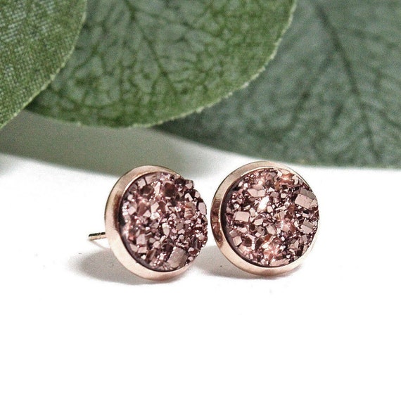 Rose Gold Stud Earrings Rose Gold Earrings Rose Gold Druzy