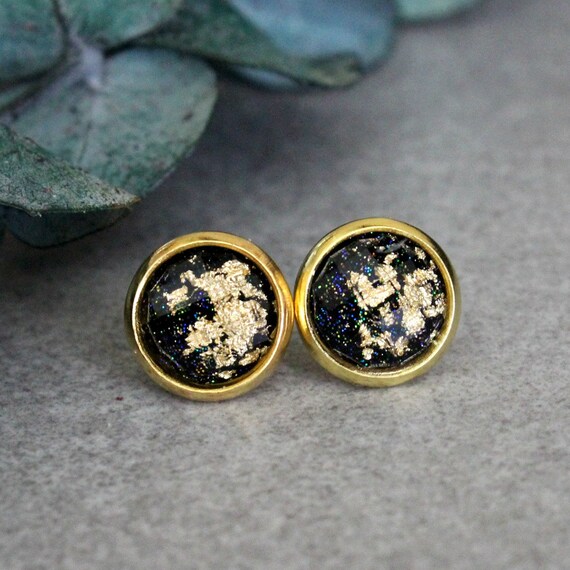 Black Stud Earrings Black Earrings Gold Stud Earrings Black Etsy
