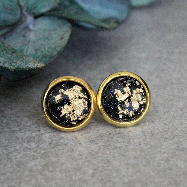 Gold Earrings Black Stud Earrings Gold Glitter Earring Black and Gold Earrings Gold Stud Earrings Black Earrings Black Post Earring