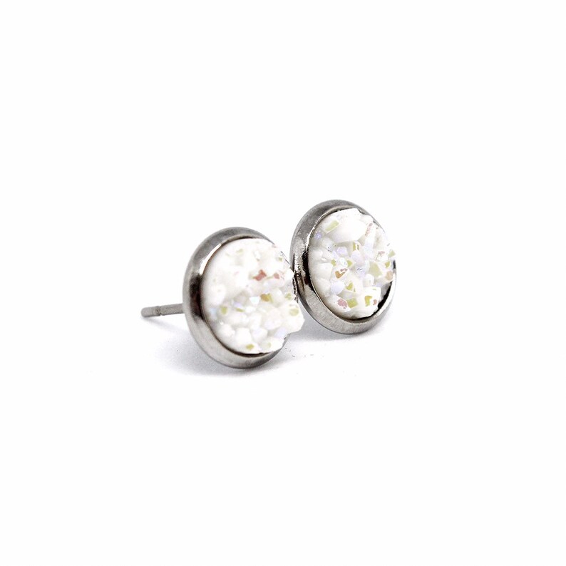 White Stud Earrings, Small White Earrings, White Druzy Earrings, Sparkly White Earrings, White Post Earrings, Tiny White Earring, Minimalist image 2