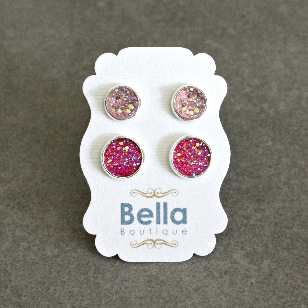 Pink Earring Set Pink Stud Earring Set Pink Druzy Earring Etsy