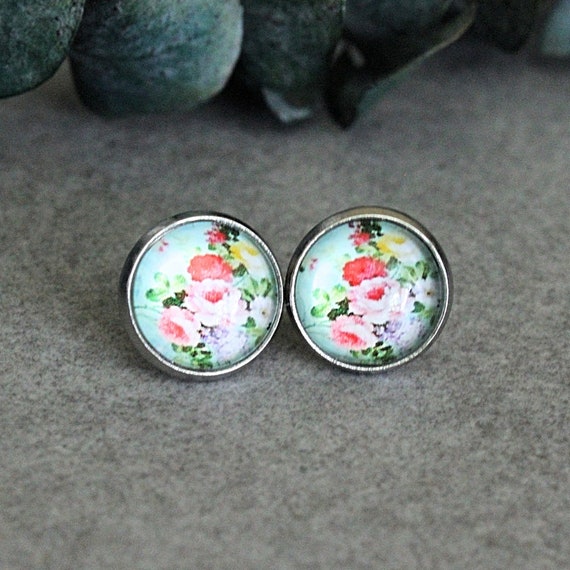 Mint Earrings, Mint Green Earrings, Mint Stud Earrings, Floral Earrings, Pink Flower Earrings, Floral Stud Earrings, Botanical Earrings,