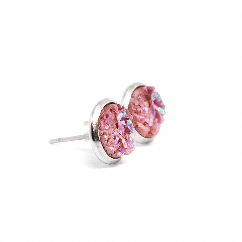 Pink Stud Earrings Pink Druzy Earrings Pink Earrings Light | Etsy