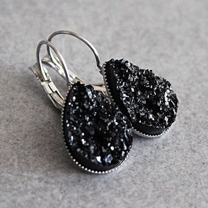 Black Drop Earrings, Black Teardrop Earrings, Black Earrings, Black Druzy Earrings, Black Dangle Earrings, Black Bridesmaid Earrings, Black