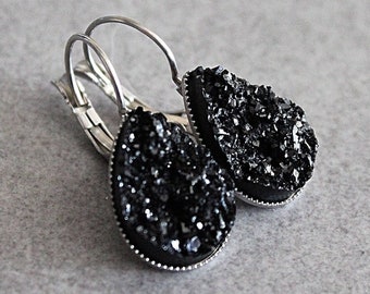 Black Drop Earrings, Black Teardrop Earrings, Black Earrings, Black Druzy Earrings, Black Dangle Earrings, Black Bridesmaid Earrings, Black