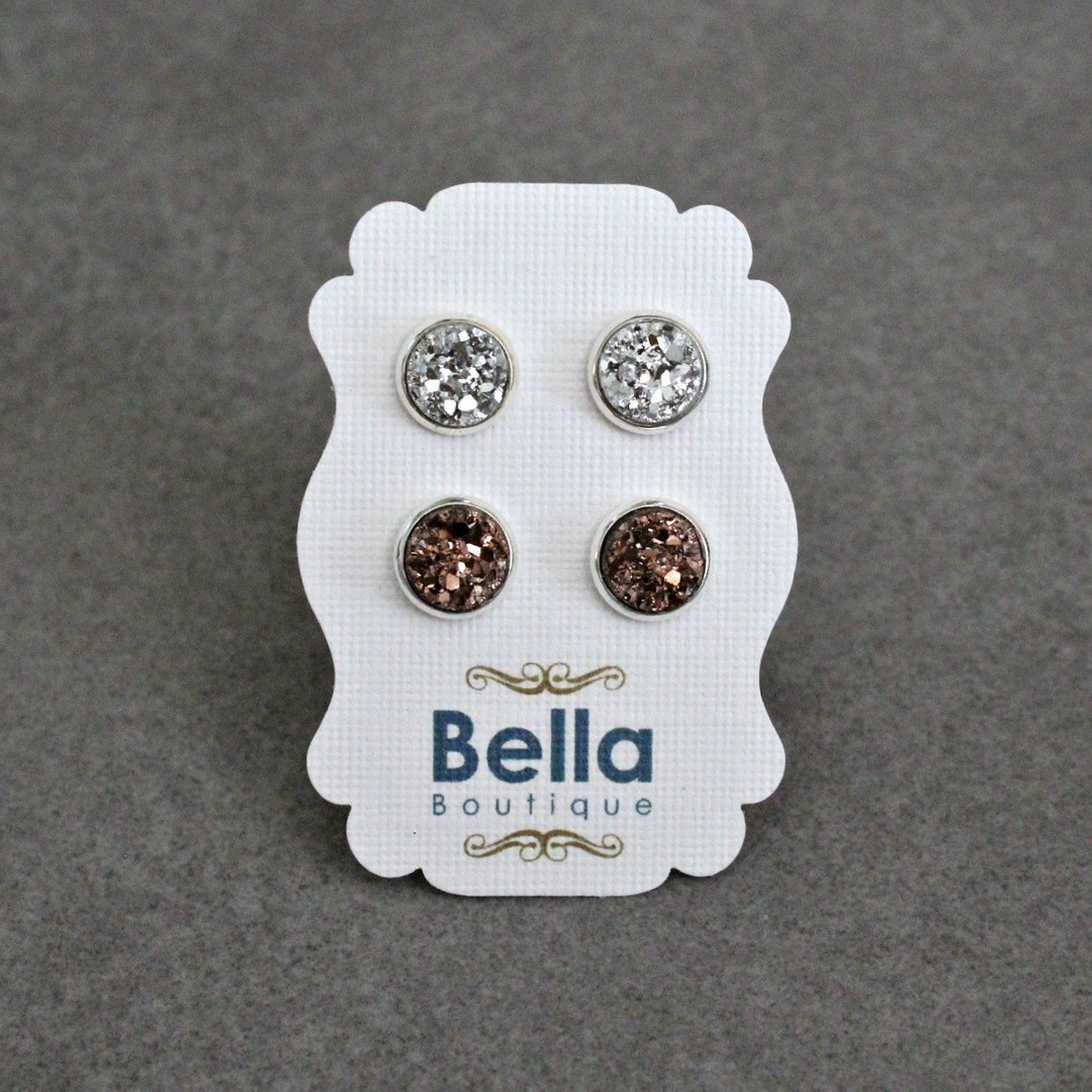Rose Gold Stud Earrings, Stud Earring Set, Druzy Earring Set, Silver Stud Earrings, Silver