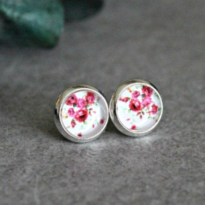 Pink Stud Earrings, Pink Floral Earrings, Pink Flower Earrings, Bright Pink Earrings, Pink Post Earrings, White Stud Earrings, 8MM Studs image 2