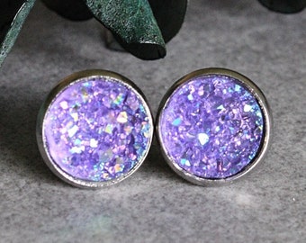 Purple Stud Earrings, Purple Druzy Earrings, Large Purple Studs, Purple Bridesmaid Earrings, Purple Clip On Earrings, Sparkly Earring, Geode