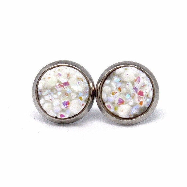 White Stud Earrings, Small White Earrings, White Druzy Earrings, Sparkly White Earrings, White Post Earrings, Tiny White Earring, Minimalist image 1