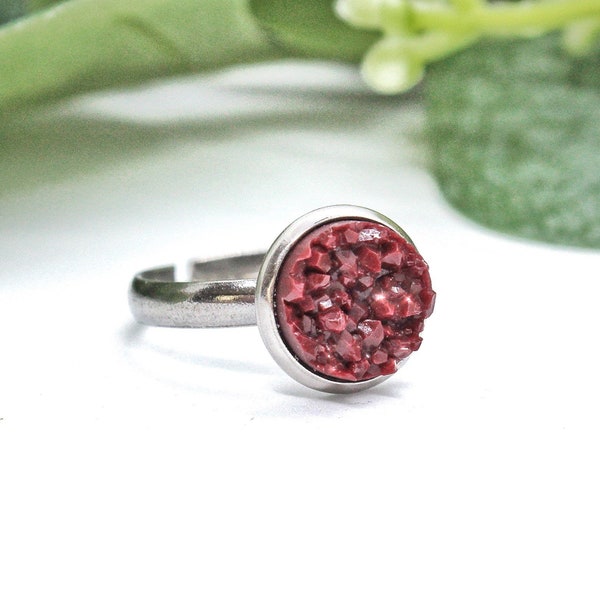 Maroon Druzy Ring, Burgundy Ring, Adjustable Ring, Red Statement Ring, Unique Gift for Her, Red Druzy Ring, Stone Geode Ring, Gifts Under 10