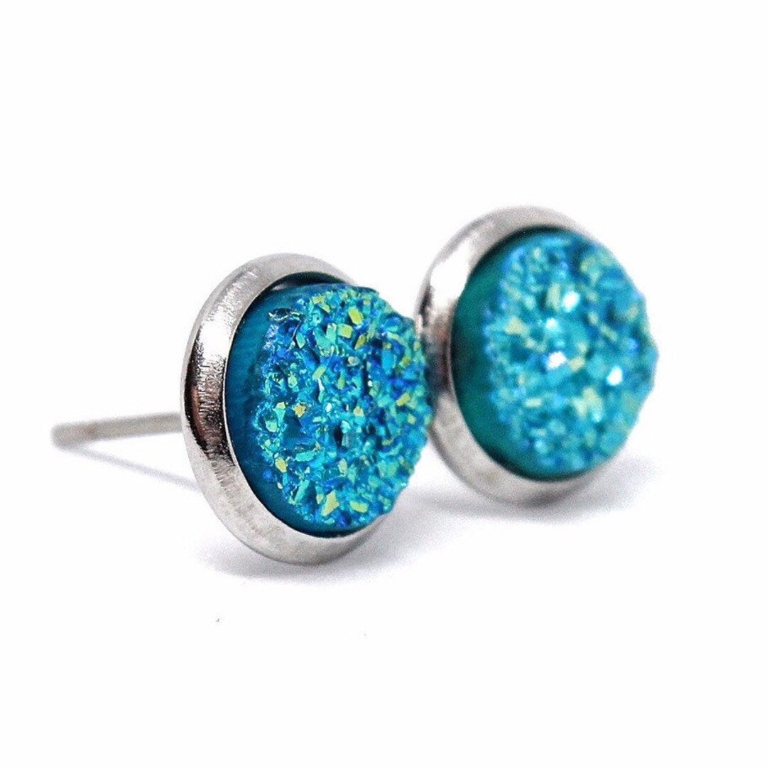 Turquoise Stud Earrings, Turquoise Druzy Earring Studs, Turquoise