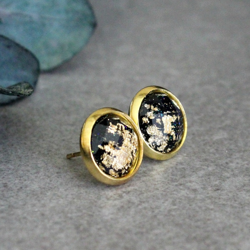 Gold Earrings Black Stud Earrings Gold Glitter Earring Black and Gold Earrings Gold Stud Earrings Black Earrings Black Post Earring