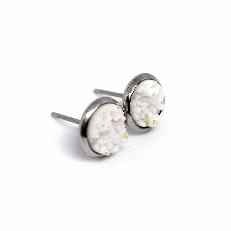 White Stud Earrings, Small White Earrings, White Druzy Earrings, Sparkly White Earrings, White Post Earrings, Tiny White Earring, Minimalist image 3