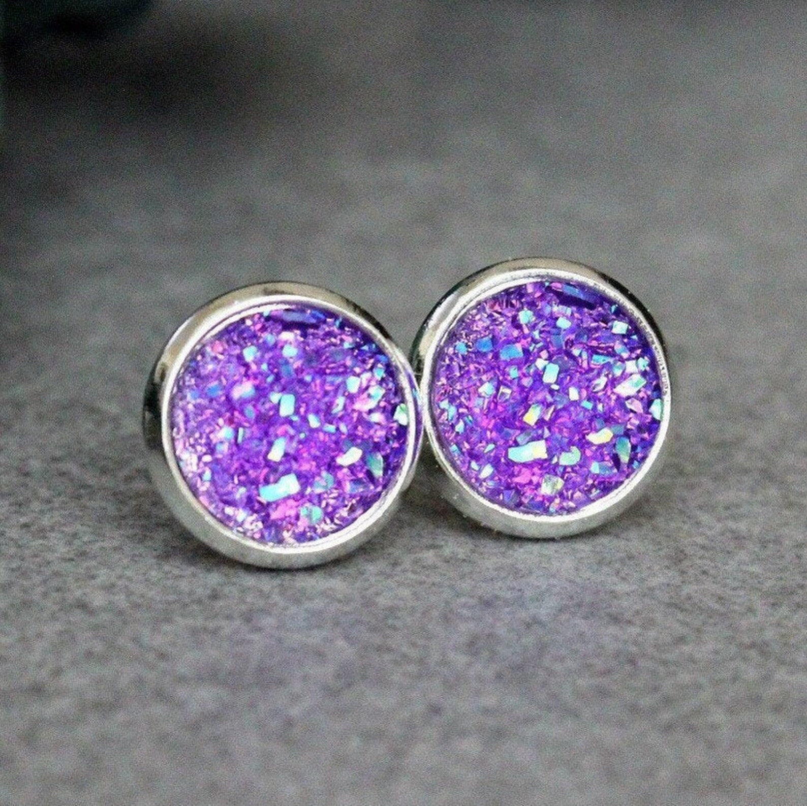 Purple Stud Earrings Purple Earrings Purple Druzy Earrings Etsy
