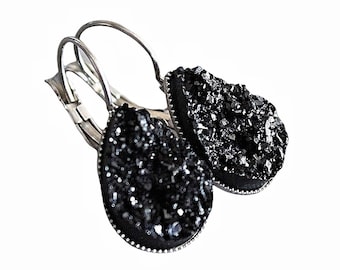 Black Druzy Earrings, Black Dangle Earrings for Women, Black Boho Earrings, Women’s Black Earrings, Black Drop Earrings, Bridesmaid Earrings