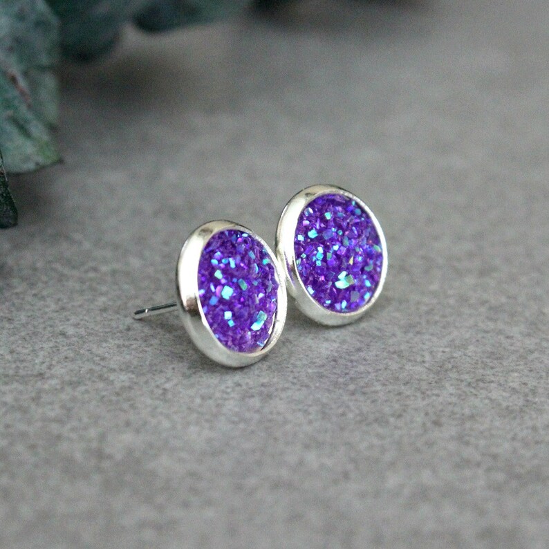 Purple Stud Earrings Purple Earrings Purple Druzy Earrings Etsy