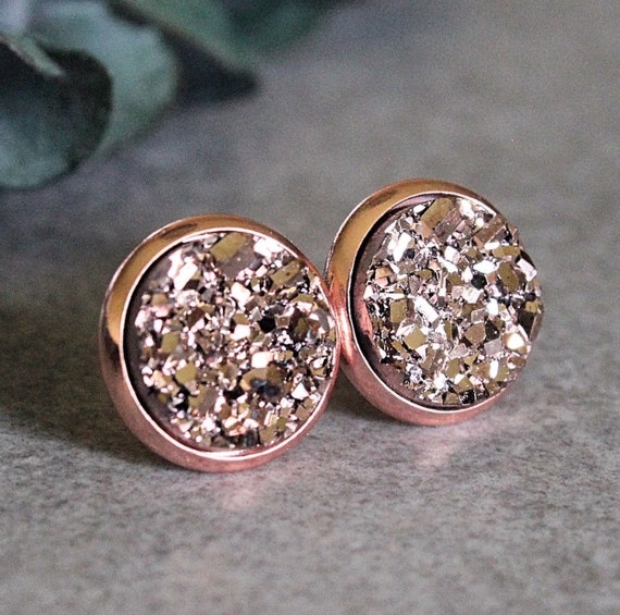 Rose Gold Stud Earrings Rose Gold Earrings Rose Gold Druzy | Etsy