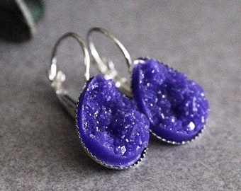 Purple Teardrop Earrings, Purple Druzy Earrings, Purple Drop Earrings, Purple Dangle Earrings, Purple Earrings, Purple Earrings Gift