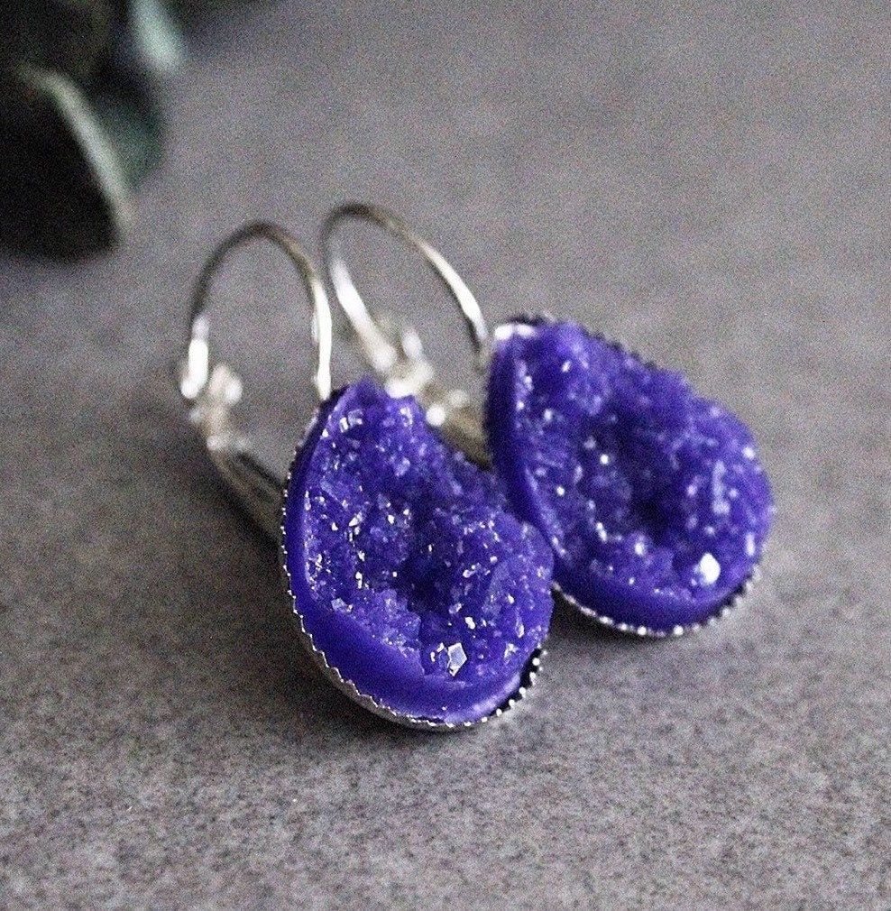 Purple Teardrop Earrings, Purple Druzy Earrings, Purple Drop Earrings, Purple Dangle Earrings, Purple Earrings, Purple Earrings Gift