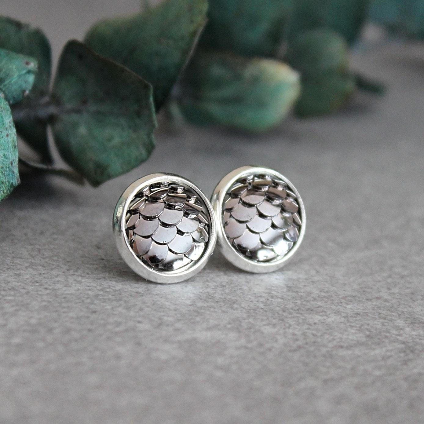 Mermaid Earrings Gunmetal Fish Scale Earrings Gunmetal Stud Etsy