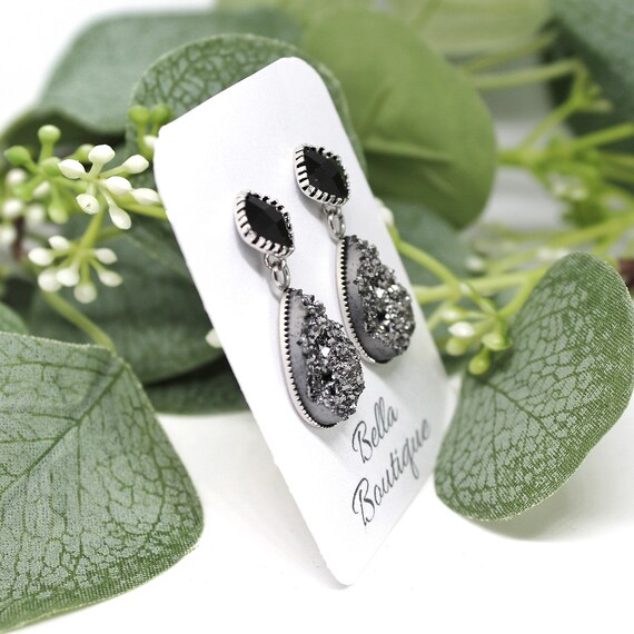 Gunmetal Drop Earrings Druzy Earrings Grey Dangle Earrings Black Teardrop Earrings Black Bridesmaid Earrings Unique Gift for Her Etsy Canada