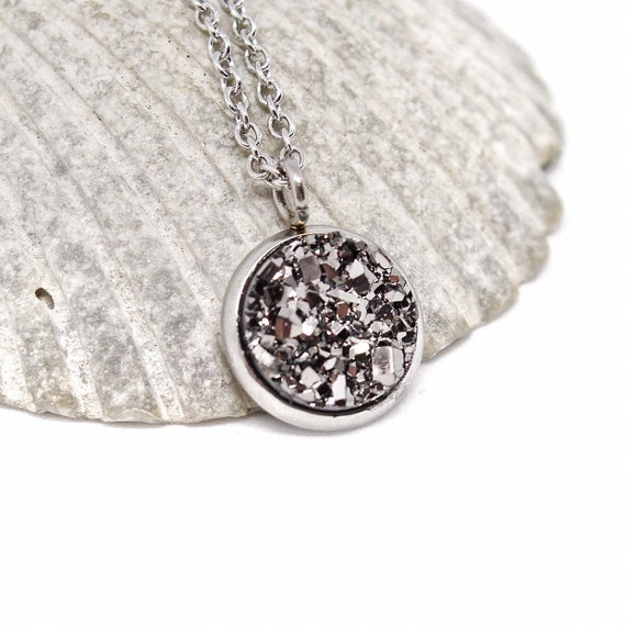 Gunmetal Necklace, Gunmetal Druzy Necklace, Grey Necklace, Gunmetal Bridesmaid Necklace Set, Gunmetal Clip On Earring, Grey Studs Necklace