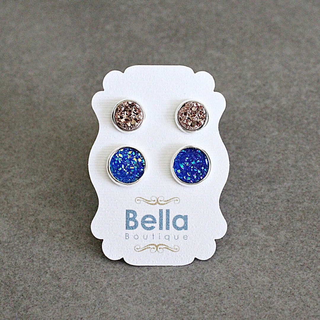 Blue Druzy Earrings Set, Blue Stud Earrings Set, Rose Gold Earrings, Rose Gold Druzy Studs
