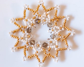 Set of Twelve Luxurious Beaded Golden Snowflake Christmas Decorations/Ornaments