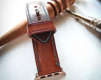 Handcrafted Leather Apple Watch Band 24 mm wide, 42mm Apple watch adaptor [Handmade] [Custom Colours]