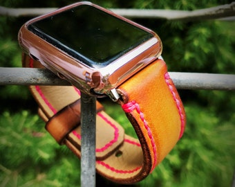 Handcrafted Leather Apple Watch Band 24 mm wide, 42/44mm Apple watch adaptor [Handmade] [Custom Colours]