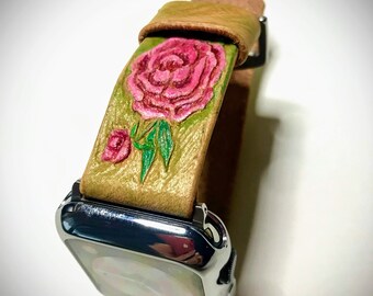 Handcrafted Apple Watch Band 24 mm wide from Tooled Leather, 42/44mm Apple Watch Adaptor