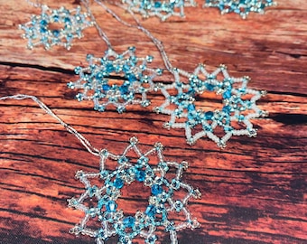 Set of Six Luxurious Crystal & Blue Beaded Frozen Snowflake Christmas Decorations / Ornaments