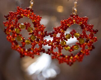 Red Beaded Earrings made from Glass Seed Beads and Crystal Beads Swarovski and Preciosa