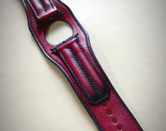 Handmade Wide Leather Apple Watch Band in shades of Ruby Red&Black Colour 42mm, 38mm, 40mm, 44mm for Series 1 2 3 4 [Custom Colours]