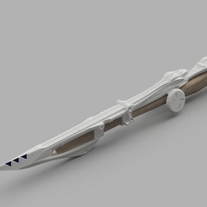 May include: A white and brown futuristic weapon with a sharp blade and a circular detail. The weapon has a wooden handle and a white metal body.