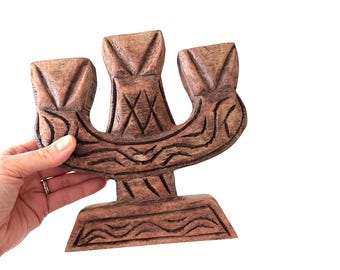 Vintage Wood Carved Owl Candelabra Candle Holder