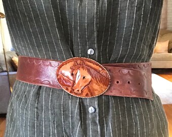 Vintage Handmade Brown Leather Belt with Horse Belt Buckle Unisex