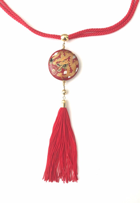 Vintage Asian Dragon Red Tassel Necklace