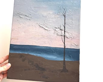 Vintage water and tree landscape oil painting canvas