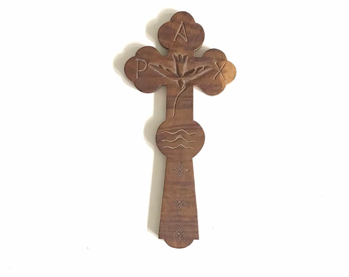 Vintage Carved Wood Religious Cross With Dove and Olive Branch PAX